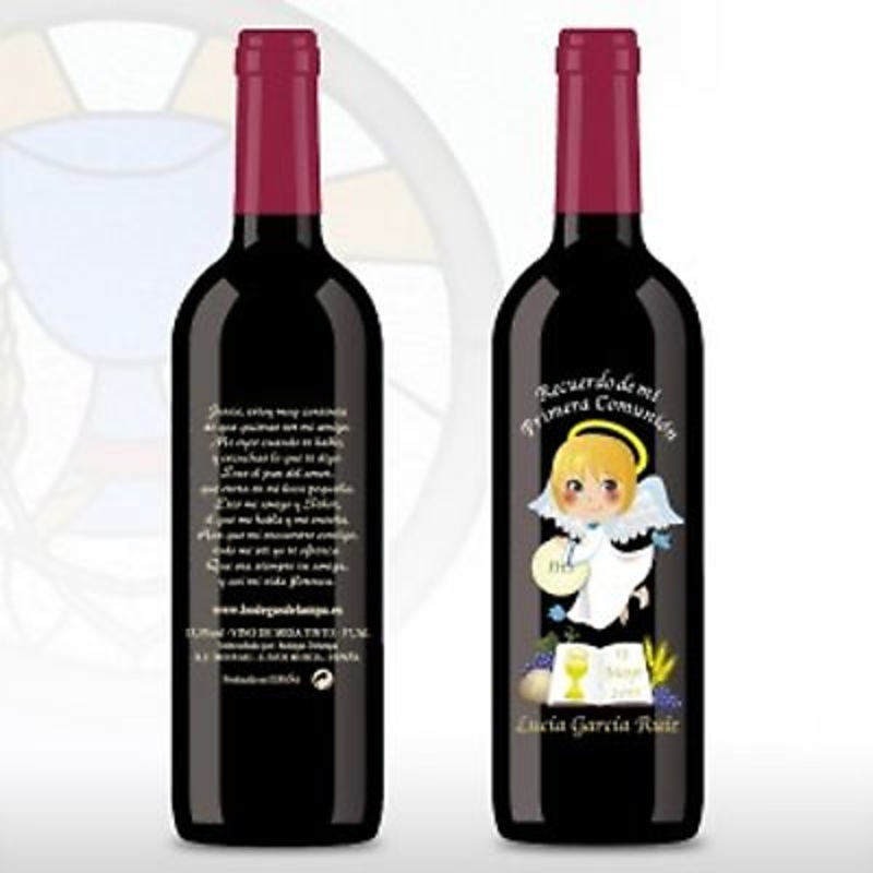 Botella de vino grabada ángel y libro 