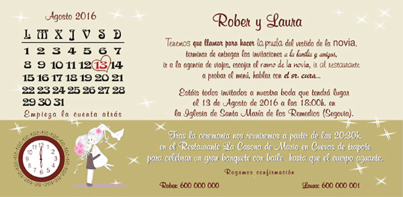 Invitación de boda calendario ref.22720. Impresión GRATIS. 