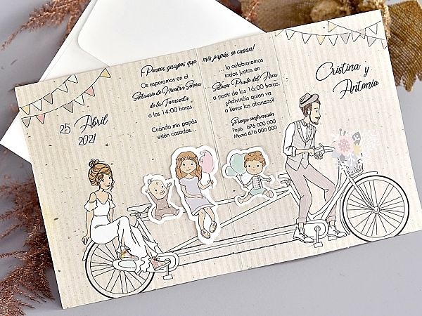 blanco lechoso bronce mientras tanto Invitación de boda familia bicicleta 39714 - Invitaciones de boda baratas,  Invitaciones Cardnovel 2021 - 2022, Novedades, Invitaciones de boda  baratas, Invitaciones boda simpáticas Frescura