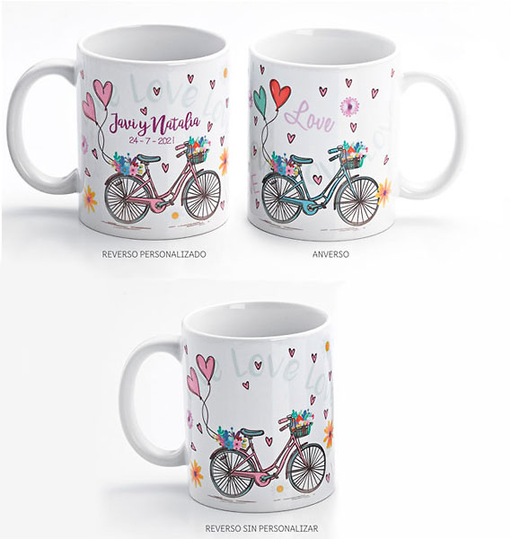 Taza desayuno bicicleta corazones 